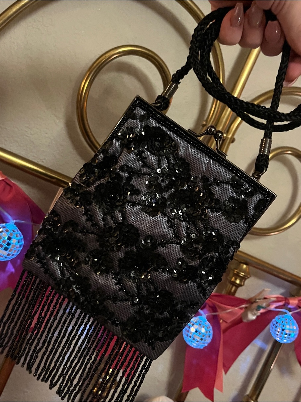 Lancome VTG Style Black Beaded Lace Fringe Evening Clutch
